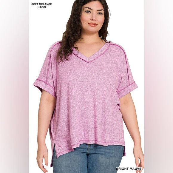 Zenana Full Size Melange Hacci Exposed Seam Hi-low Tee Plus Size